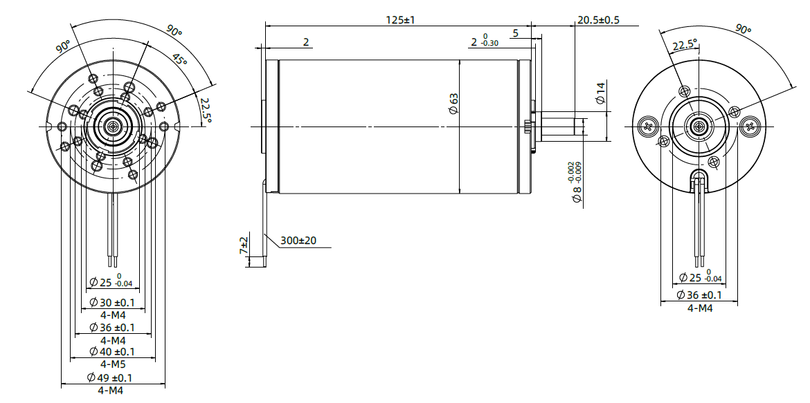 Brush DC Motor Size 63mm Dimensional Drawing